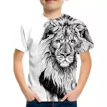 Футболка с рисунком льва для мальчика, модные топы с коротким рукавом, футболка для мальчика и девочки, мультяшный 3D-принт, детская одежда, летние детские футболки 170