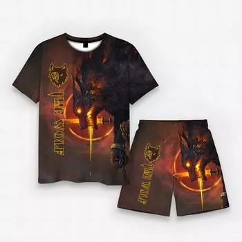 Футболка с рисунком льва и животным, летняя футболка и шорты, простой свободный комплект с круглым вырезом и короткими рукавами с 3D принтом Asian size S