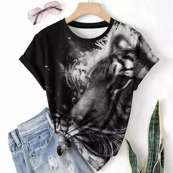 Футболка с рисунком льва, волка, кошки, животного, повседневная спортивная женская футболка, летняя новинка, круглый вырез, короткий рукав, легкая ткань, 2025, новый модный дизайн XS