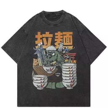 Футболка с рисунком лапши ручной работы, футболка из хлопка черного цвета, топы унисекс, футболки, футболка с короткими рукавами S чёрный