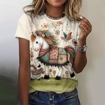 Футболка с рисунком лошади из мультфильма для женщин с 3D-принтом, милые футболки с рисунком животных, летние повседневные свободные футболки с круглым вырезом и короткими рукавами 5XL