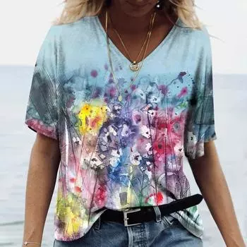 Футболка с рисунком маслом для женщин, модные цветочные топы с V-образным вырезом, футболки, женская повседневная стильная одежда с коротким рукавом, женская винтажная одежда S