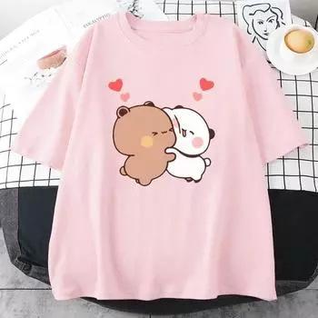 Футболка с рисунком медведя панды, милые футболки Bubu и Dudu, футболки с короткими рукавами и принтом для девочек из 100% хлопка, топы Kawaii с круглым вырезом, повседневные топы Ullzang XS чёрный