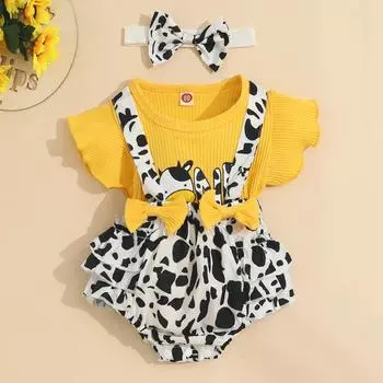 Футболка с рисунком молочной коровы для маленьких девочек + шорты на подтяжках + повязки на голову с бантом 9-12M