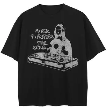 Футболка с рисунком музыкального диджея, хлопковая футболка, унисекс, топы, футболки, летняя футболка с короткими рукавами S чёрный