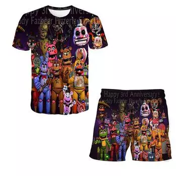 Футболка с рисунком «Ночи с Фредди» для мальчиков и девочек, комплекты одежды для детей от 1 до 14 лет, детские топы + супер крутой костюм с короткими штанами, детская одежда 160