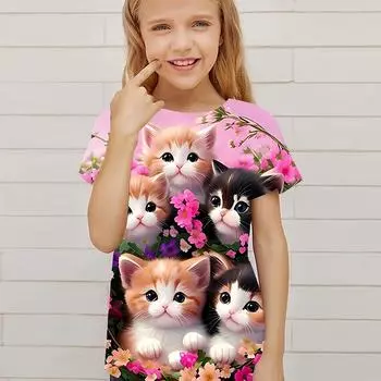 Футболка с рисунком очаровательных кошек, повседневные удобные футболки с коротким рукавом для девочек на летний подарок 100