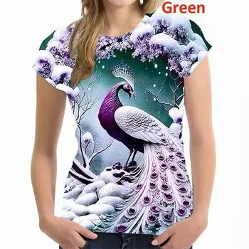 Футболка с рисунком павлина для женщин, красочные футболки с 3D-принтом в виде животных, летние повседневные свободные футболки с короткими рукавами и круглым вырезом 100
