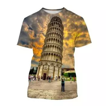 Футболка с рисунком Пизанской башни, мужская футболка с 3D-принтом и пейзажем, летняя уличная футболка большого размера с короткими рукавами для путешествий, свободная футболка S
