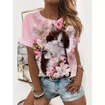 Футболка с рисунком подсолнуха и цветов для женщин, футболки с 3D-принтом в виде кошек и животных, модные футболки больших размеров с короткими рукавами и круглым вырезом S