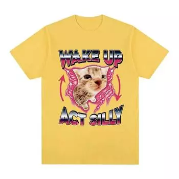 Футболка с рисунком «Просыпайся, действуй, глупый котенок», забавная футболка с коротким рукавом и мемом о коте, мужская и женская повседневная футболка большого размера из 100% хлопка, топы S чёрный