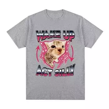Футболка с рисунком «Просыпайся, действуй, глупый котенок», забавная футболка с коротким рукавом и мемом о коте, мужская и женская повседневная футболка большого размера из 100% хлопка, топы S чёрный