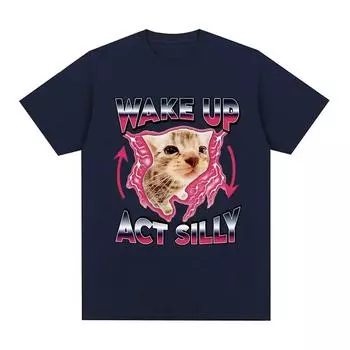 Футболка с рисунком «Просыпайся, действуй, глупый котенок», забавная футболка с коротким рукавом и мемом о коте, мужская и женская повседневная футболка большого размера из 100% хлопка, топы S чёрный