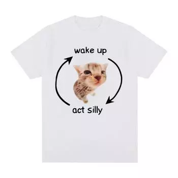 Футболка с рисунком «Просыпайся, действуй, глупый мем» с забавным милым принтом кота, футболка с коротким рукавом, женская повседневная футболка большого размера XS