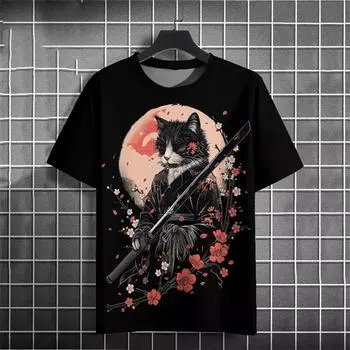 Футболка с рисунком японского самурая для мужчин, футболки с 3D-принтом в виде кота и мультяшного животного, повседневные свободные футболки унисекс с коротким рукавом и круглым вырезом S