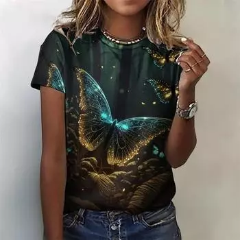 Футболка с рисунком светящейся бабочки для женщин, футболки с 3D-принтом в виде насекомых, летние повседневные свободные топы с коротким рукавом и круглым вырезом, футболки S