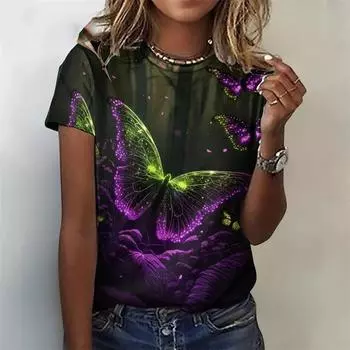 Футболка с рисунком светящейся бабочки для женщин, футболки с 3D-принтом в виде насекомых, летние повседневные свободные топы с коротким рукавом и круглым вырезом, футболки M