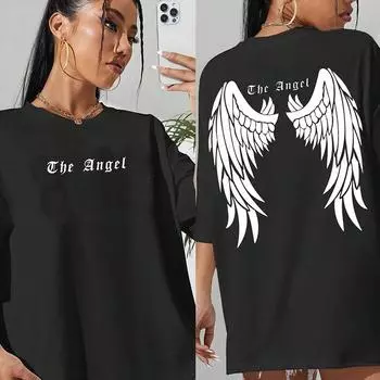 Футболка с рисунком «Темный ангел», женская дышащая уличная футболка, хлопковая летняя футболка, одежда, уличная повседневная футболка, женская S чёрный