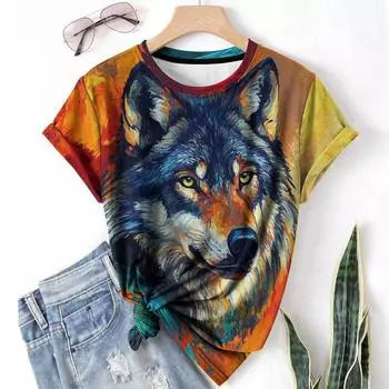 Футболка с рисунком волка и животных, 3D-топы, летняя, с короткими рукавами, дышащая, легкая ткань для женщин, повседневная, спортивная футболка, топ S