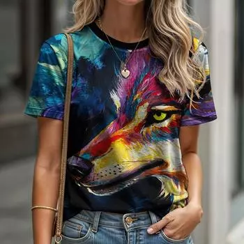 Футболка с рисунком волка и животных, 3D-топы, летняя, с короткими рукавами, дышащая, легкая ткань для женщин, повседневная, спортивная футболка, топ S