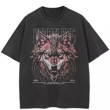 Футболка с рисунком волка в уличном стиле, черная футболка из хлопка, стираная, унисекс, топы, футболки, летняя футболка с короткими рукавами S чёрный