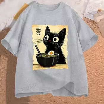 Футболка с рисунком забавного кота Рамен, японская кавайная футболка с изображением кота из аниме, модные футболки с коротким рукавом, трендовая повседневная унисекс-футболка S