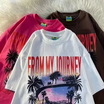 Футболка с рисунком заката и буквенным принтом для мужчин и женщин из чистого хлопка, летняя модная тенденция, повседневный удобный топ с короткими рукавами, Harajuku S розовый