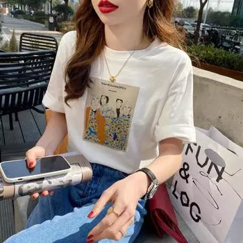 Футболка с рисунком, женская, с короткими рукавами, из чистого хлопка, весенняя, новая, свободная, корейского стиля, внутренняя многослойная рубашка, универсальная футболка One size