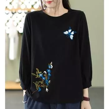 Футболка с рукавами из хлопка для женщин весна-осень корейская версия однотонная свободная посадка большие утягивающие футболки со средними рукавами и круглым вырезом M