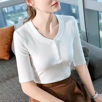 Футболка с рукавами средней длины для женщин, новая женская футболка с V-образным вырезом и короткими рукавами, облегающий топ с широкими краями S белый