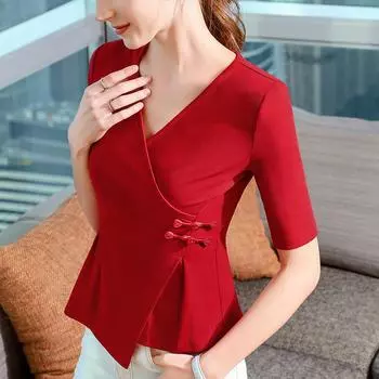 Футболка с рукавами средней длины с пряжкой, женская, новая, женская, с крестообразным V-образным вырезом, хлопковая футболка, неровный подол, топ на талии S