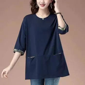 Футболка с рукавом три четверти Блузка женская летняя с принтом Карманы средней длины Свободная Плюс Размер 6XL чёрный