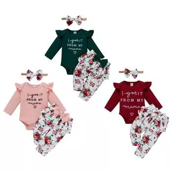 Футболка с рюшами для маленьких девочек, комбинезон, топы, штаны с цветочным принтом, комплект одежды с длинными рукавами, весенне-осенняя одежда 100