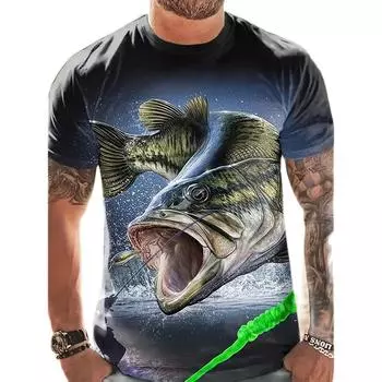 Футболка с рыбой для мужчин, футболка с рисунком для рыбалки, футболки с короткими рукавами и 3D принтом, повседневная футболка, мужская одежда большого размера, топы, лето 2024, новинка S белый