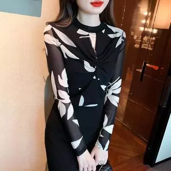 Футболка с сетчатым принтом для женщин, осень, новая модная внутренняя одежда, плюшевая утолщенная теплая футболка, топ S