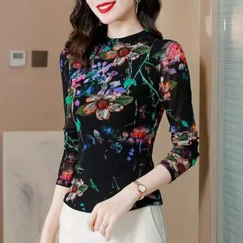 Футболка с сетчатым принтом для женщин, осенняя мода, эластичный облегающий топ с длинными рукавами в западном стиле, футболка с защитой от старения, женские футболки M