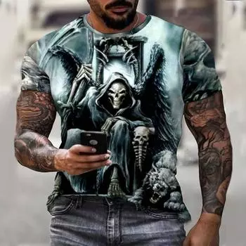 Футболка с татуировкой и 3D-принтом, летняя мужская футболка с коротким рукавом, уличная одежда с круглым вырезом, мужская одежда, топ S