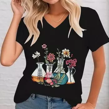 Футболка с техническими цветочными стаканами, графическая женская, винтажная, лабораторные цветочные стаканы, подарочные футболки для ученых, футболка для учителей биологии S
