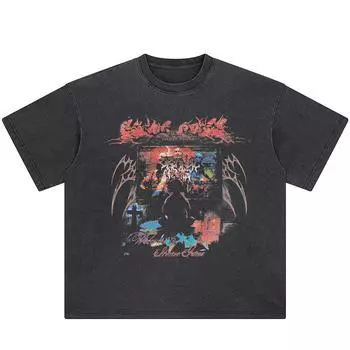 Футболка с темным графическим принтом в уличном стиле, черная футболка из хлопка, стираная, унисекс, топы, футболки, летняя футболка с короткими рукавами S чёрный