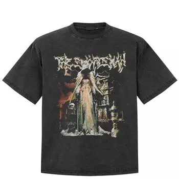 Футболка с темным графическим принтом в уличном стиле, черная футболка из хлопка, стираная, унисекс, топы, футболки, свободные футболки с короткими рукавами S чёрный