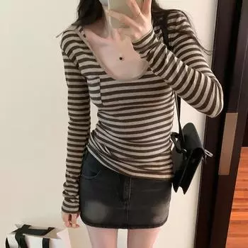 Футболка с U-образным вырезом и карманом в полоску для женщин на осень и зиму, новая, горячая, шикарная, облегающая, модная S