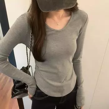 Футболка с U-образным вырезом на правом плече, складками на талии, длинными рукавами для женщин на осень и зиму, новый стиль, закругленный подол с бархатной подкладкой S