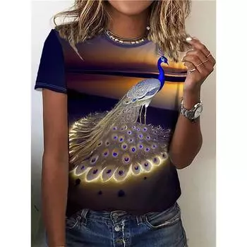 Футболка с узором павлина для женщин, красочные футболки с 3D-принтом в виде животных, летние повседневные свободные футболки с короткими рукавами, футболки больших размеров, топы XS