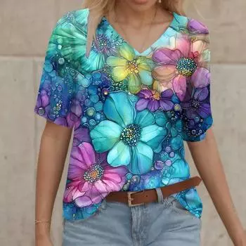Футболка с V-образным вырезом, 3D-принт, женские топы с коротким рукавом, повседневные эластичные дышащие футболки с цветочным принтом, большие размеры S