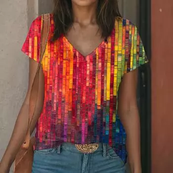 Футболка с V-образным вырезом, 3D-принт, женские топы с коротким рукавом, повседневные эластичные дышащие футболки больших размеров S