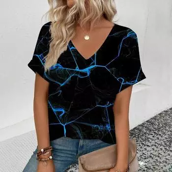 Футболка с V-образным вырезом для лета Женская футболка с принтом в полоску в стиле ретро Модная футболка с принтом Элегантная футболка с короткими рукавами S