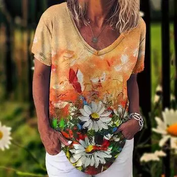 Футболка с v-образным вырезом для женщин, модная повседневная футболка с ярким цветком, женская одежда, летняя женская футболка с коротким рукавом, уличная одежда 4XL