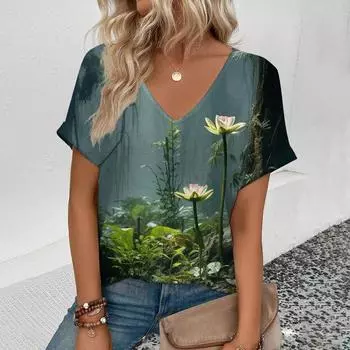 Футболка с V-образным вырезом Fashion Art с принтом Pond Lotus, элегантная футболка с короткими рукавами и V-образным вырезом, летняя футболка большого размера на каждый день XXS