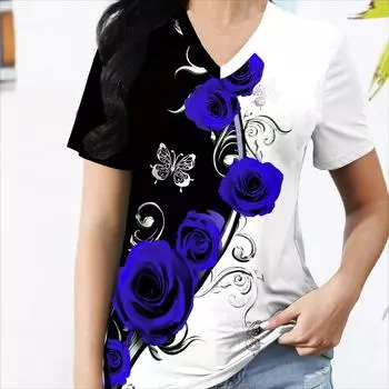 Футболка с V-образным вырезом и 3D-принтом «Розы». Элегантная футболка с коротким рукавом в стиле колор-блок для лета. Женские футболки. S