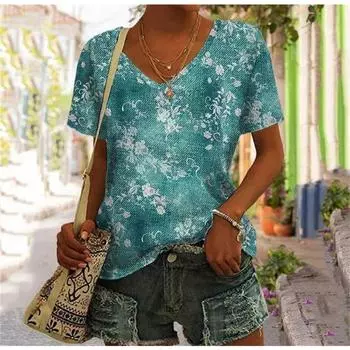 Футболка с V-образным вырезом и буквенным принтом, повседневная футболка с коротким рукавом для женской одежды на весну и лето S